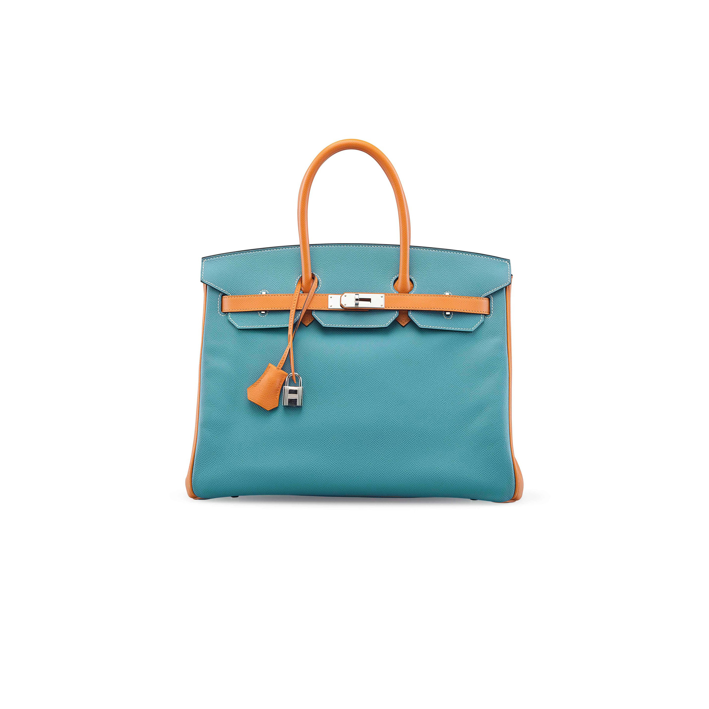 HERMÈS MASTER BIRKIN 25 TOGO LEATHER PEACOCK BLUE AND SUN YELLOW LEATHER WITH HORSESHOE LOGO SILVER BUCKLE 10092958 (25*20*13cm)